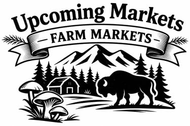 Upcoming farm markets logo featuring a bison, mountain peaks, and forest scenery.