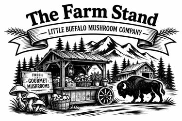 Vintage logo for Little Buffalo Mushroom Company farm stand with mountain landscape and buffalo.