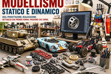Vari modellini in scala, tra cui un carro armato, un'auto da corsa e un robot Gundam