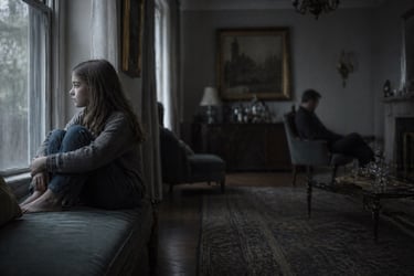Young girl sitting next to the window in a dark and emotionally cold room.