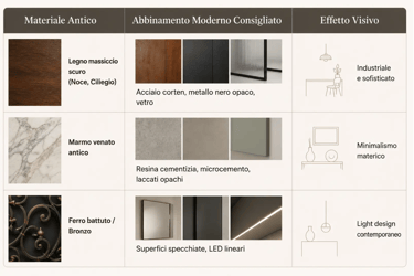 tabella abbinamento materiale antico con ambiente moderno
