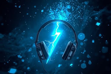 Black gaming headphones featuring a glowing blue lightning bolt and magical energy sparks.