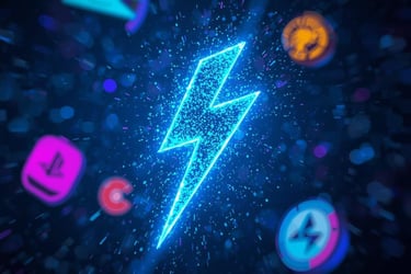 Glowing blue neon lightning bolt icon surrounded by digital tech symbols representing high speed energy and power.