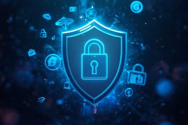 Glowing blue cyber security shield with a padlock icon representing data protection and digital privacy.