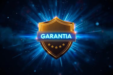 Golden shield with the word GARANTIA illuminated by blue light rays to represent quality guarantee and security.