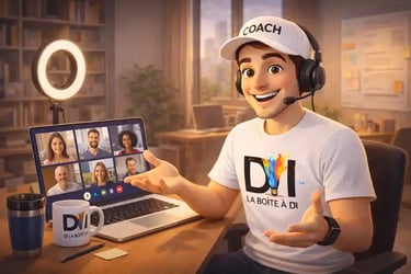 Illustration 3D de Dam coach en ligne animant une session à distance avec ordinateur et casque dans un cadre professionnel