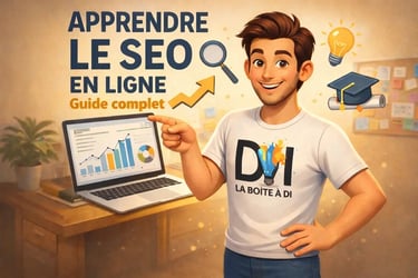 Illustration 3D de Dam apprenant le SEO en ligne, guide complet pour comprendre et améliorer son référencement