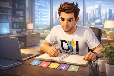 Illustration 3D style Pixar de Dam concentré dans un bureau, appliquant une méthode pour changer de vie après 40 ans