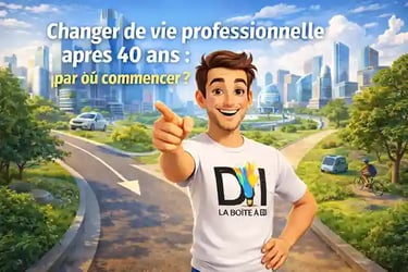 Illustration 3D style Pixar de Dam souriant à un carrefour futuriste, symbole de reconversion professionnelle après 40 ans