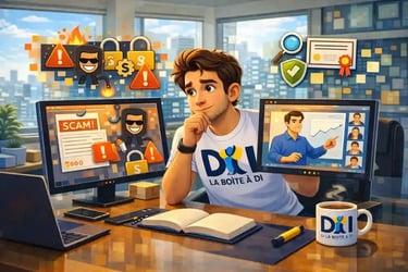 Dam compare arnaque et formation sérieuse sur deux écrans, pictos alerte et sécurité, bureau futuriste à midi.