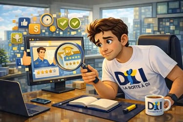 Dam analyse une formation avant d’investir, loupe sur avis et notes, bureau futuriste à midi, mug La Boîte à DI.