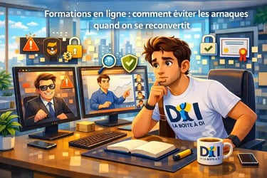 Dam analyse une formation douteuse et une fiable, pictos sécurité, titre affiché, pour éviter les arnaques en reconversion.