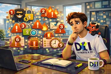 Dam repère 7 signaux d’alerte numérotés, un petit diable le tente, bureau futuriste à midi, anti-arnaque.