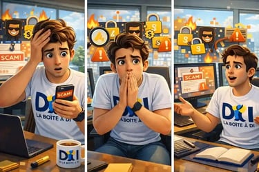 Dam réagit à des arnaques en reconversion : surpris, inquiet puis déterminé, dans un bureau moderne, style Pixar, 16:9.