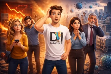 Illustration 3D montrant Dam inquiet face à l’impact des crises économiques et sanitaires