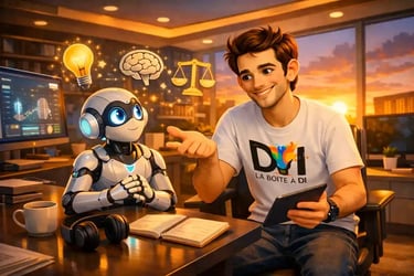 Dam apprivoise l’IA dans un bureau moderne au coucher de soleil, formation digitale et technologie au service du jugement