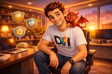 Dam affiche ses avantages seniors avec sourire malicieux et petit diable, bureau moderne au coucher de soleil