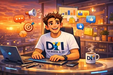 Dam au bureau futuriste à 19h, coucher de soleil, marketing, montre que le numérique dépasse l’informatique.