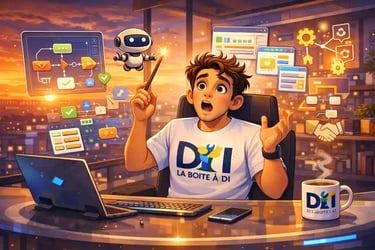 Dam stupéfait découvre les outils low-code et l’automatisation à 19h, bureau futuriste au coucher du soleil.