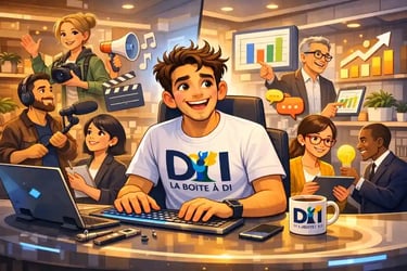 Dam montre des profils non informaticiens réussissant dans le numérique, créatifs et business, bureau futuriste ensoleillé.