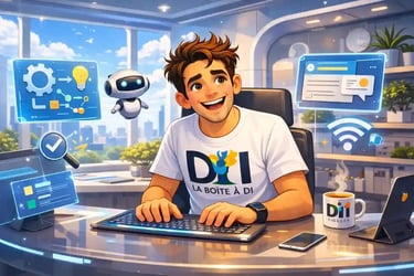 Dam jovial au bureau futuriste à midi, à l’aise devant son ordinateur, illustre ce que “bon en informatique” veut dire.