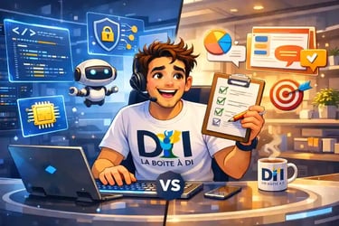 Dam illustre métiers techniques vs fonctionnels du numérique, bureau futuriste, icônes code et gestion,La Boîte à DI.