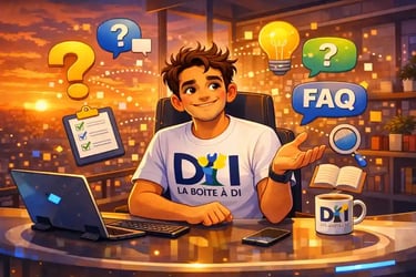 Dam en bureau futuriste à 19h, ambiance coucher de soleil, bulle FAQ et questions, propose “Je réponds à vos questions”.