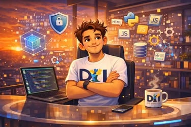 Dam confiant au bureau futuriste à 19h, coucher de soleil, code et icônes tech, montre l’atout de compétences informatiques.