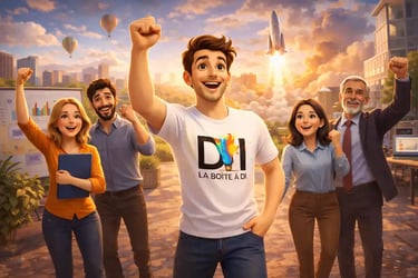 Illustration 3D de Dam relevant de nouveaux défis professionnels avec enthousiasme aux côtés d’autres personnes