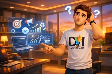 Dam s’interroge sur l’apprentissage du marketing digital dans un bureau moderne au coucher de soleil, SEO et reconversion