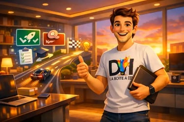 Dam valide son parcours de formation digital au coucher de soleil, reconversion et SEO dans bureau moderne