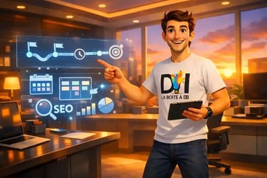 Dam explique le rôle du Chef de Projet Digital dans un bureau moderne au coucher de soleil, SEO et gestion de projet