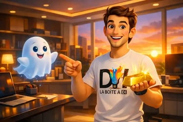 Dam découvre la valeur de ses compétences invisibles, lingot d’or et fantôme dans bureau moderne au coucher de soleil