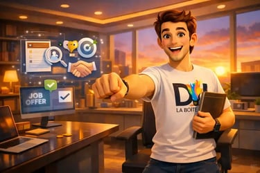 Dam célèbre son premier poste de Chef de Projet Digital à 45 ans, bureau moderne au coucher de soleil