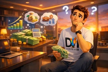 Dam réfléchit à son salaire et à ses perspectives en marketing digital dans un bureau moderne au coucher de soleil