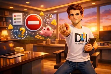 Dam déterminé à éviter les erreurs de reconversion digitale, bureau moderne au coucher de soleil et symboles d’alerte