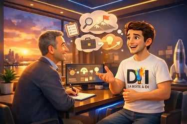 Dam échange avec son conseiller CEP dans un bureau futuriste au coucher de soleil, accompagnement professionnel chaleureux