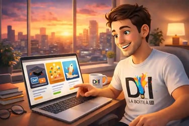 Dam explore des formations à 19h sur son ordinateur au coucher du soleil, mug La Boîte à DI, bureau moderne, curieux du SEO.