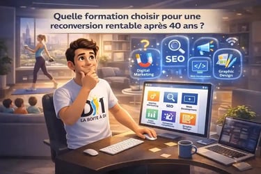 Illustration 3D de Dam cherchant quelle formation choisir pour une reconversion rentable après 40 ans dans le numérique