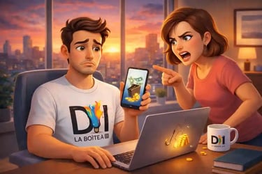 Dam déçu après une arnaque de formation : argent perdu, dispute avec sa femme au coucher du soleil.