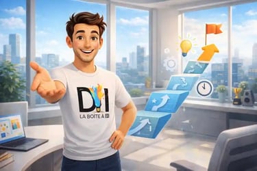 Dam invite à passer à l’action sans se précipiter, dans un bureau futuriste ensoleillé, pictogrammes de progression.