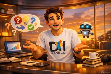 Dam répond aux questions sur rédaction et copywriting dans bureau futuriste au coucher de soleil style 3D Pixar