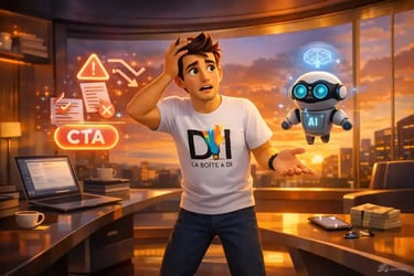 Dam inquiet face à l’IA dans bureau futuriste au coucher de soleil style 3D Pixar