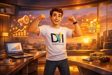 Dam célèbre victoire du copywriting dans bureau futuriste au coucher de soleil style 3D Pixar