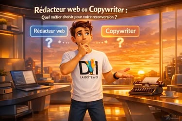 Dam hésite entre rédacteur web et copywriter dans un bureau moderne au coucher de soleil 3D Pixar