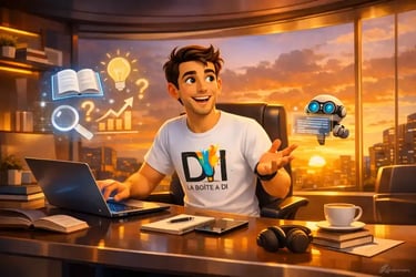 Dam rédacteur web expert transmet son savoir dans un bureau futuriste au coucher de soleil style 3D Pixar