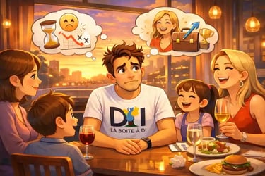 Dam au restaurant à 19h, se compare à une voisine plus jeune, doute sur ses erreurs de carrière après 40 ans, en famille.