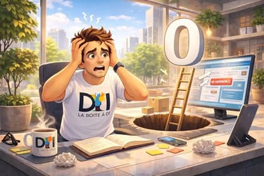 Dam paniqué au bureau à midi, pense devoir repartir de zéro pour changer de métier, symbole zéro, peur de la reconversion.