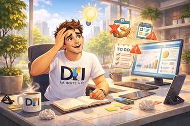 Dam réalise ses erreurs de reconversion après 40 ans, déclic au bureau futuriste à midi, prêt à changer de voie.