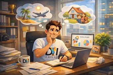 Dam planifie une reconversion sans tout quitter, au bureau à midi, pensées famille et projet, mug La Boîte à DI, SEO.